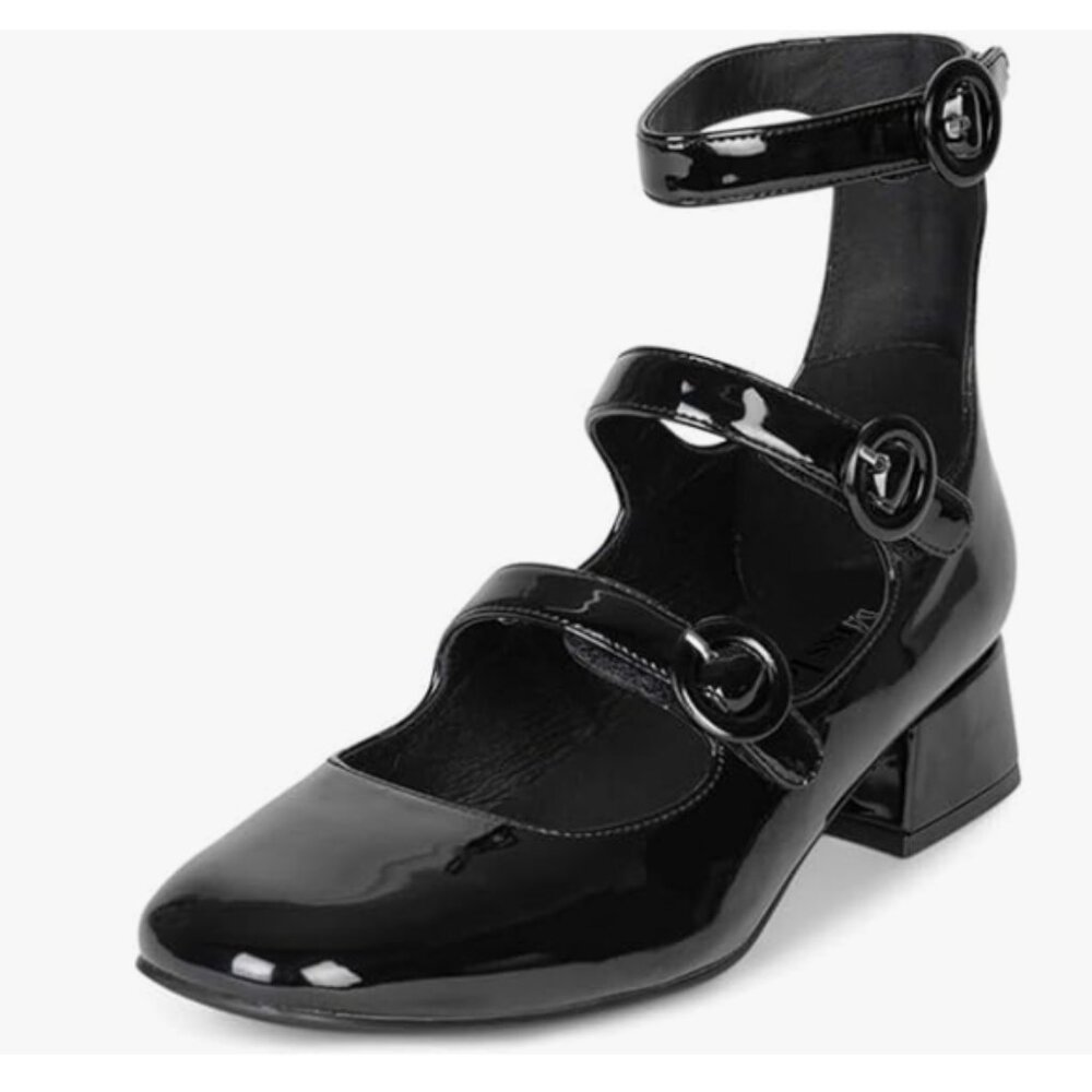Miss Left Black Stylish Low Chunky Heel Round Toe Mary Jane Treble Straps Pump